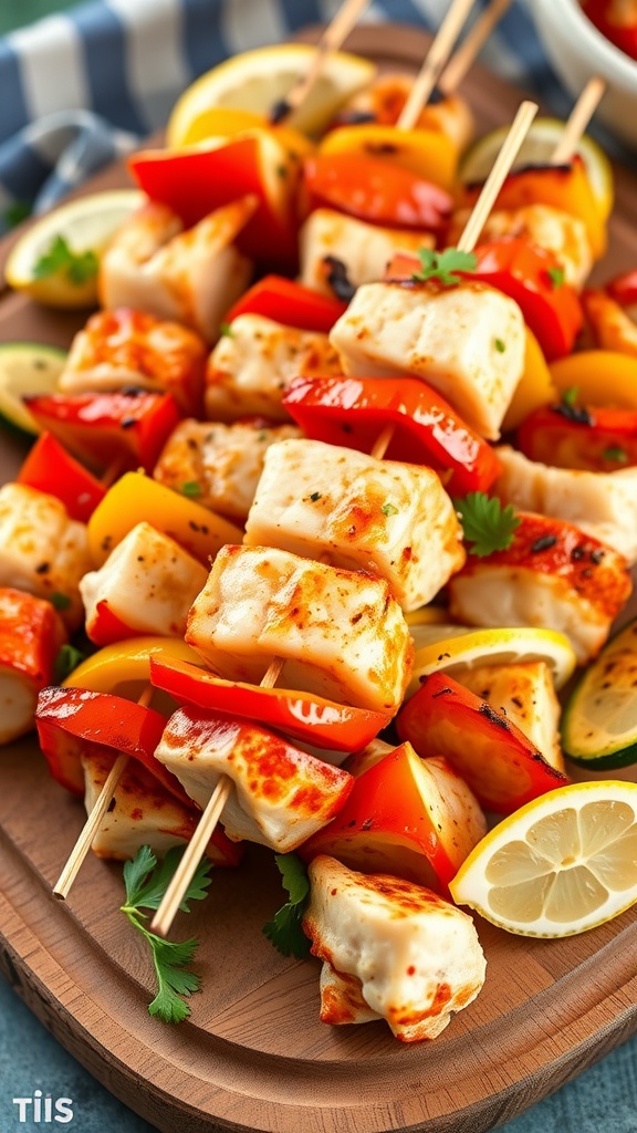 Grilled lobster kabobs with bell peppers and zucchini, served on a wooden platter with lemon wedges.